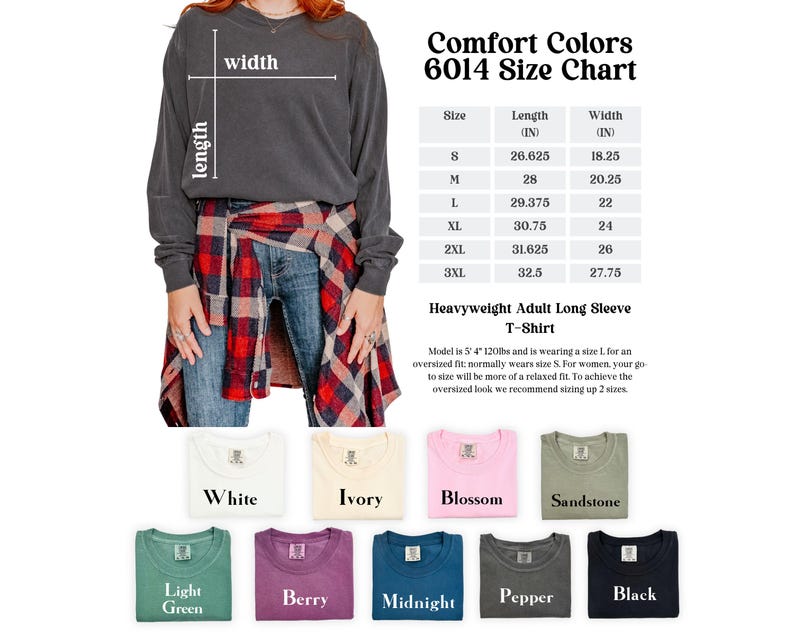May include: A dark grey long-sleeved t-shirt with a size chart. The chart shows measurements in inches for sizes S to 3XL. Below are colour swatches in white, ivory, blossom, sandstone, light green, berry, midnight, pepper, and black.