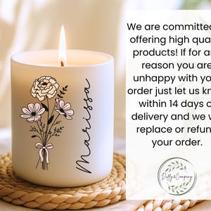 May include: A lit white candle with a floral design and the name "Marissa" in script. The candle sits on a woven coaster. Text on the right states, "We are committed to offering high quality products!"