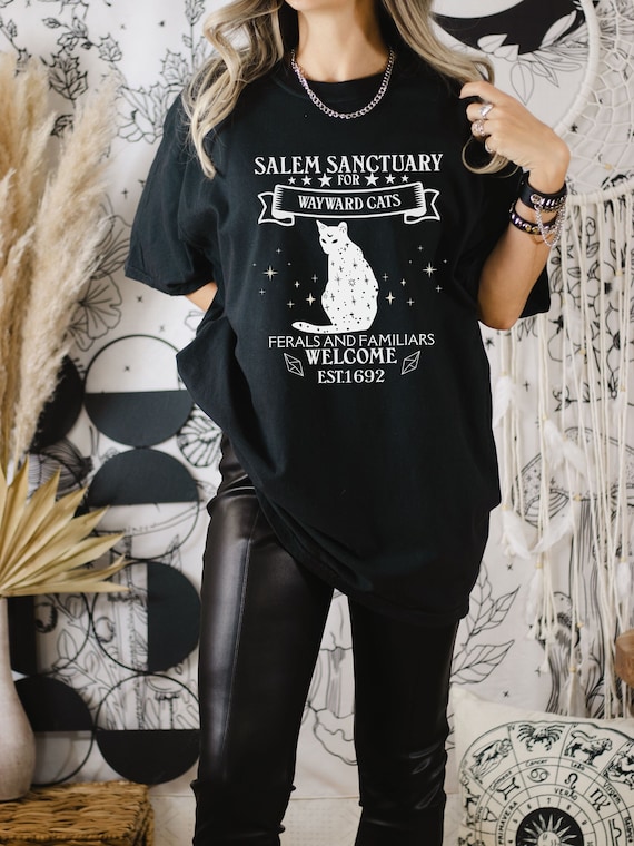 Comfort Colors Cat Sanctuary T-Shirt, Salem Witch, Halloween Cat Tee, Witchy Vibes T Shirt, Ferals and Familiars, Cat Lover Shirt