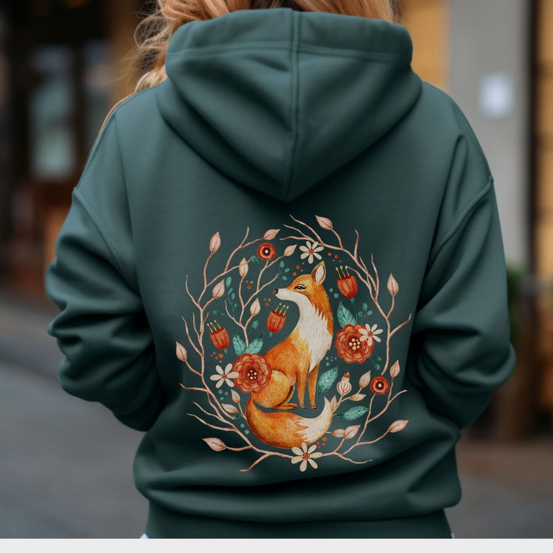 Fox Cottagecore Hoodie, Boho Vintage Style sweatshirt, Forestcore Shirt, Botanical Forest Animals, Folk Art Floral hoodie, Fox Lover Gift Forest Green