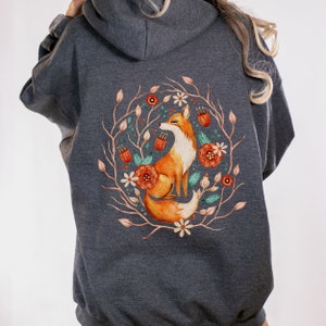 Fox Cottagecore Hoodie, Boho Vintage Style sweatshirt, Forestcore Shirt, Botanical Forest Animals, Folk Art Floral hoodie, Fox Lover Gift Dark Heather