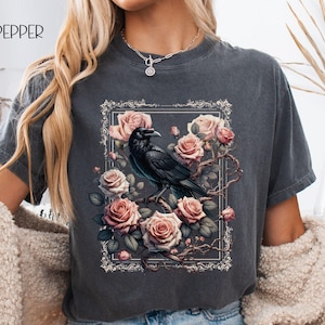 Vintage Style Raven Comfort Colors Shirt, Whimsigoth T-Shirt, Dark Academia, Gift for Raven Lover, Gift for Crow Lover, Goblincore, Evermore