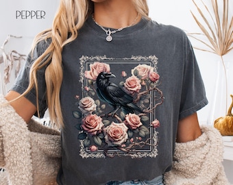 Vintage Style Raven Comfort Colors Shirt, Whimsigoth T-Shirt, Dark Academia, Gift for Raven Lover, Gift for Crow Lover, Goblincore, Evermore