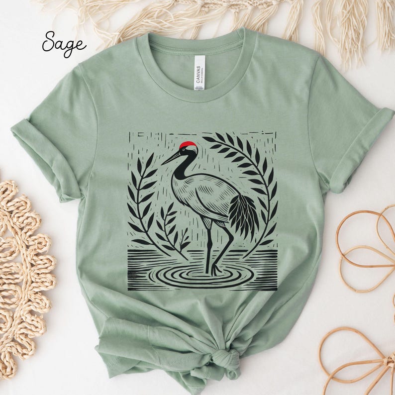 Sandhill Crane Linocut T-shirt, Bird Lover Gift, Gift For Birder, Nature Lover Shirt, Wildlife Tee, Birdwatcher Apparel Sage