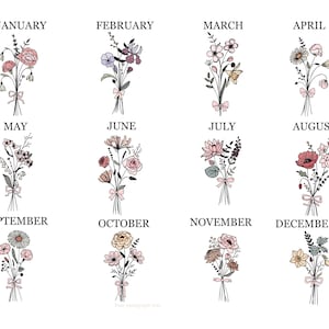 May include: A collection of twelve floral bouquets, each representing a month of the year. Each bouquet is tied with a ribbon and features a unique arrangement of flowers. The months are labeled across the top and bottom of the image.