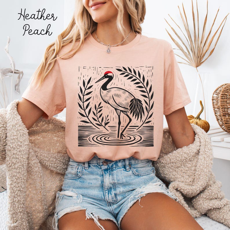 Sandhill Crane Linocut T-shirt, Bird Lover Gift, Gift For Birder, Nature Lover Shirt, Wildlife Tee, Birdwatcher Apparel Heather Peach