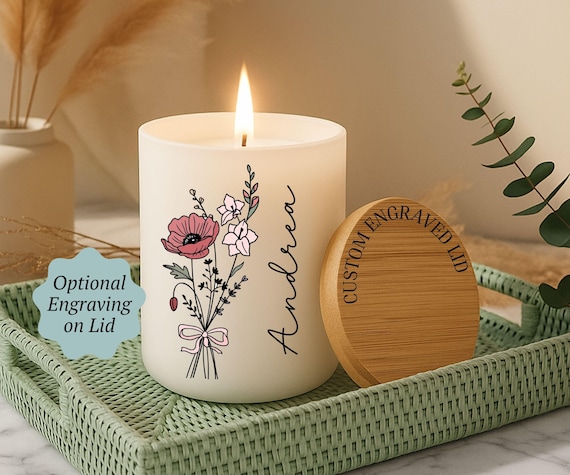 Personalized Birth Flower Candle, Birthday Gift, Coquette Birth Flower, Custom Fragrant Jar Candle Gift, Gift For Mom, Gift For Daughter