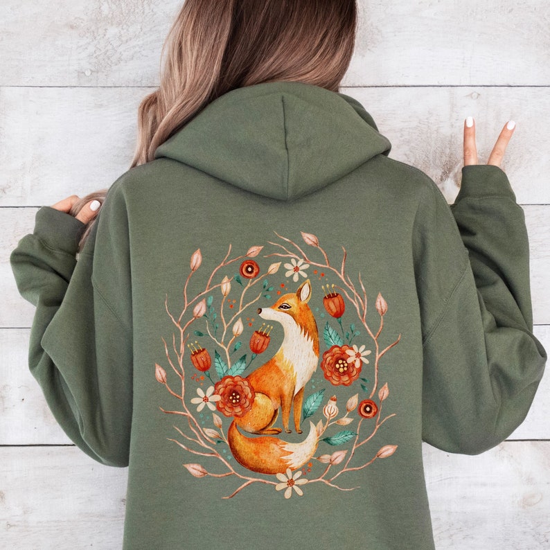 Fox Cottagecore Hoodie, Boho Vintage Style sweatshirt, Forestcore Shirt, Botanical Forest Animals, Folk Art Floral hoodie, Fox Lover Gift Military Green