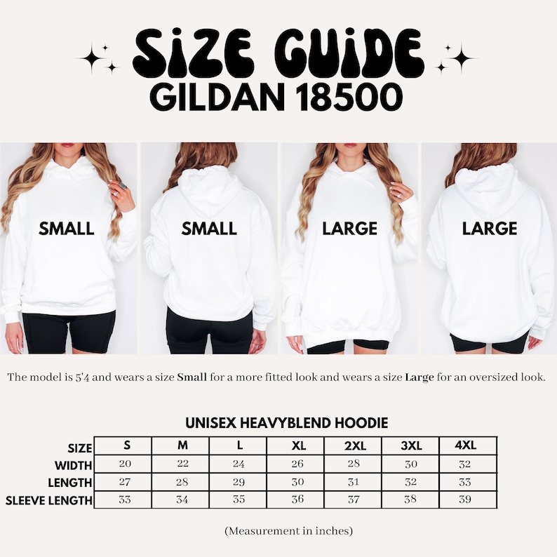 May include: Size chart for a unisex Gildan 18500 heavy blend hoodie. The chart shows measurements in inches for width, length, and sleeve length for sizes S, M, L, XL, 2XL, 3XL, and 4XL.