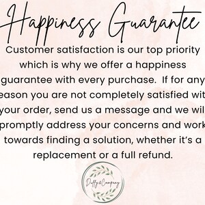 May include: A pink and white background with the text "Happiness Guarantee" in black. The text below reads "Customer satisfaction is our top priority which is why we offer a happiness guarantee with every purchase. If for any reason you are not completely satisfied with your order, send us a message and we will promptly address your concerns and work towards finding a solution, whether it's a replacement or a full refund." The text "Daffy's Company" is in a circle with a leaf design.