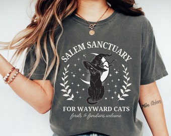 Salem Cat Sanctuary Comfort Colors Shirt, Halloween Witchy Cat T-shirt, Black Cat Halloween, Witchy Vibes, Spooky Season, Cat Lover Tee
