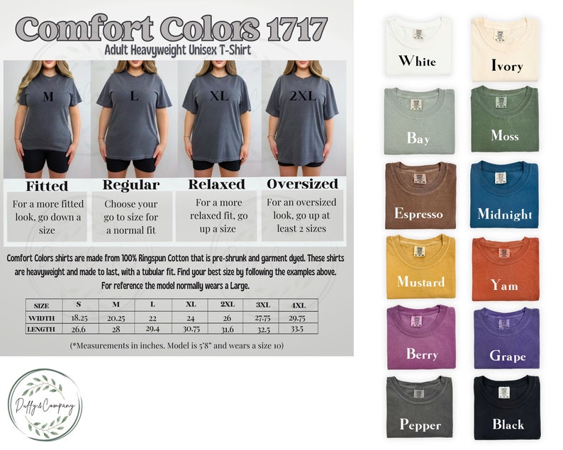 Puede incluir: Una tabla de tallas para camisetas unisex en varios colores, incluyendo blanco, marfil, bah&iacute;a, musgo, espresso, medianoche, mostaza, boniato, baya, uva, pimienta y negro. La tabla muestra las medidas para cada talla, desde la S hasta la 4XL. El texto "Comfort Colors 1717" est&aacute; en la parte superior de la tabla.