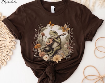 Cottagecore Toad T-Shirt, Frog Mushroom Tee, Vintage Style Botanical Shirt, Frog Playing Guitar, Dark Academia, Goblincore, Fairycore