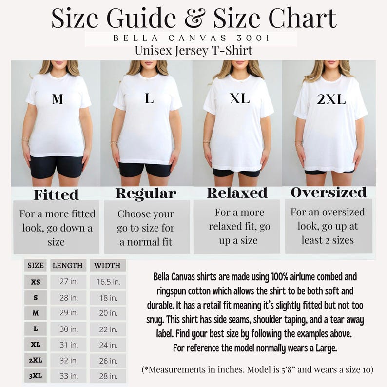 May include: A size guide and size chart for the Bella Canvas 3001 unisex jersey t-shirt. The graphic displays four images of a person wearing white t-shirts in sizes M, L, XL, and 2XL, alongside a table listing length and width in inches.