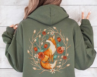 Fox Cottagecore Hoodie, Boho Vintage Style sweatshirt, Forestcore Shirt, Botanical Forest Animals, Folk Art Floral hoodie, Fox Lover Gift