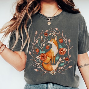 Fox Cottagecore Comfort Colors T-Shirt, Boho Vintage Style Tee, Forestcore Shirt,Botanical Forest Animals, Folk Art Floral, Fox Lover Gift