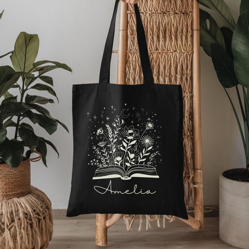 Personalized Book Lover Canvas Tote Bag, Custom Book Bag, Gift For Book Lover, Carry Bag for Reader, Bookish Tote, Wildflowers Shopping Bag, image 3