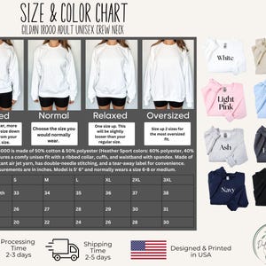 Peut inclure: Tableau des tailles et des couleurs pour les sweatshirts unisexe adultes Gildan 18000. Comprend des &eacute;chantillons de couleurs en blanc, sable, rose clair, bleu clair, cendr&eacute;, gris fonc&eacute;, marine et noir. Mesures en pouces, longueur des manches, longueur du corps et largeur du corps.