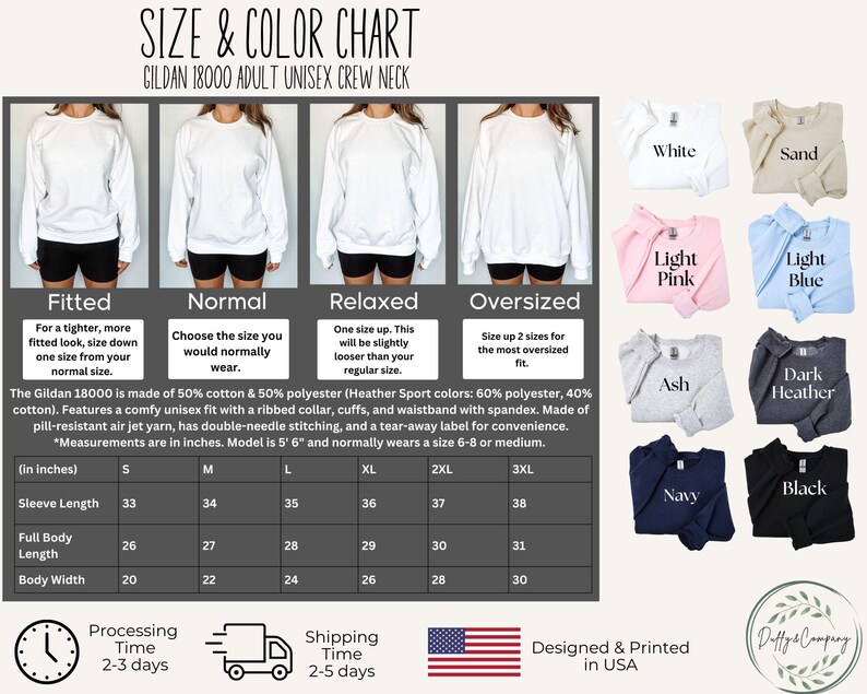 Peut inclure: Tableau des tailles et des couleurs pour les sweatshirts unisexe adultes Gildan 18000. Comprend des &eacute;chantillons de couleurs en blanc, sable, rose clair, bleu clair, cendr&eacute;, gris fonc&eacute;, marine et noir. Mesures en pouces, longueur des manches, longueur du corps et largeur du corps.