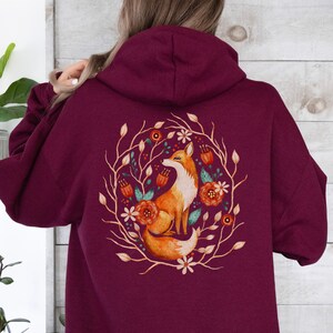 Fox Cottagecore Hoodie, Boho Vintage Style sweatshirt, Forestcore Shirt, Botanical Forest Animals, Folk Art Floral hoodie, Fox Lover Gift image 2