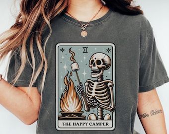 Happy Camper Comfort Colors T-Shirt, Skeleton Camper Tee, Funny Camping Shirt, Tarot Card Tee, Gift For Outdoors Lover,  Hiking Apparel