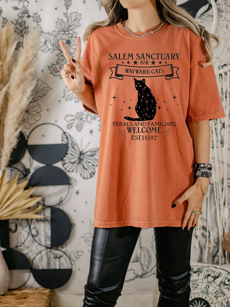 Comfort Colors Cat Sanctuary T-Shirt, Salem Witch, Halloween Cat Tee, Witchy Vibes T Shirt, Ferals and Familiars, Cat Lover Shirt Bild 4