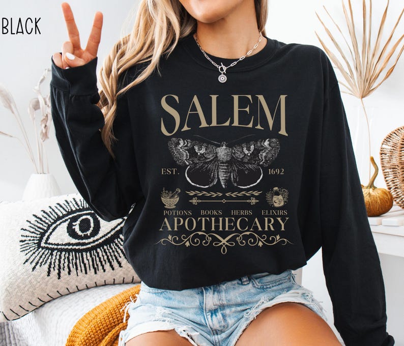 Salem Apothecary Long Sleeve Comfort Colors® Shirt, Halloween Salem Witches Shirt, Witchy Fall T-Shirt image 4