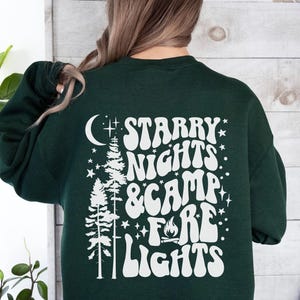 Camping Hoodie, Campfire Sweatshirt, Retro Starry Night Sweater, Lake Life, Bonfire Summer, Nature Lover, Camp Life, Camp Fire Night Shirt Forest Green