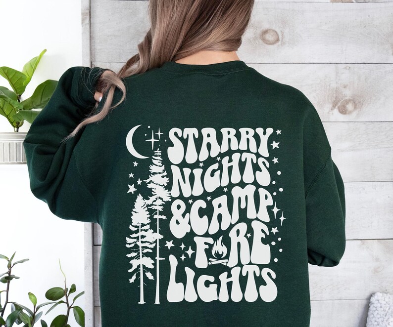 Camping Hoodie, Campfire Sweatshirt, Retro Starry Night Sweater, Lake Life, Bonfire Summer, Nature Lover, Camp Life, Camp Fire Night Shirt Forest Green