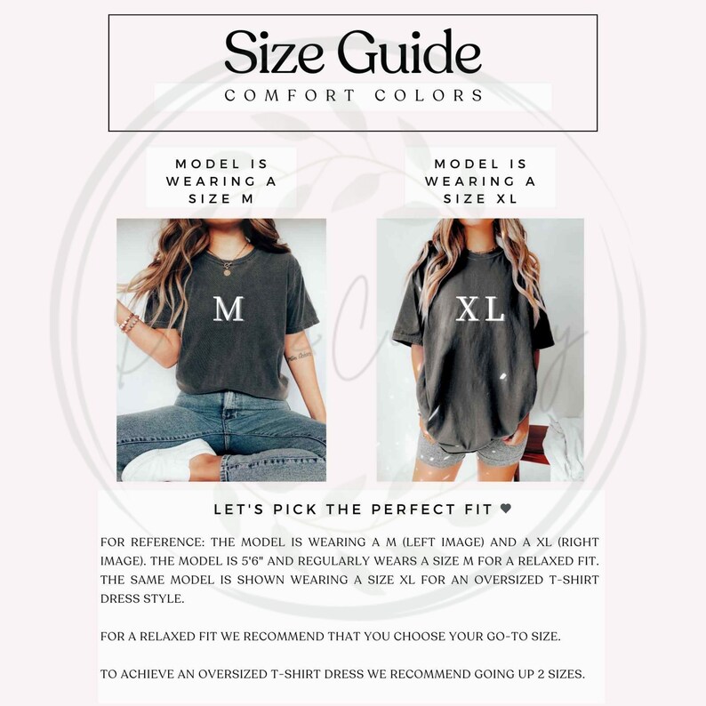 May include: Size guide for t-shirts with two models wearing different sizes. The model on the left is wearing a size M and the model on the right is wearing a size XL. The text "Let's pick the perfect fit" is displayed below the models.