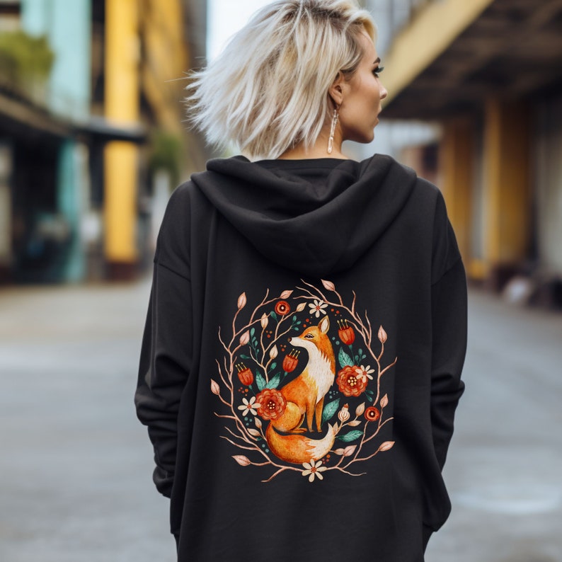 Fox Cottagecore Hoodie, Boho Vintage Style sweatshirt, Forestcore Shirt, Botanical Forest Animals, Folk Art Floral hoodie, Fox Lover Gift Black