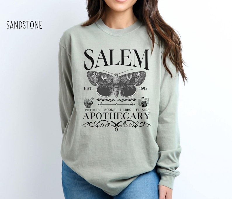 Salem Apothecary Long Sleeve Comfort Colors® Shirt, Halloween Salem Witches Shirt, Witchy Fall T-Shirt image 1