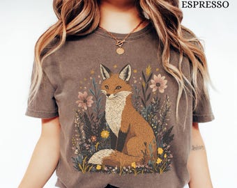 Cottagecore Fox Comfort Colors T-Shirt, Floral Vintage Style Tee, Forestcore Apparel, Fox Lover Gift, Forest Animals Shirt, Nature Shirt