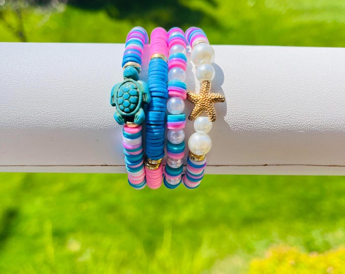 Multicolor Turtle and Starfish Bracelet Set- Set of 3