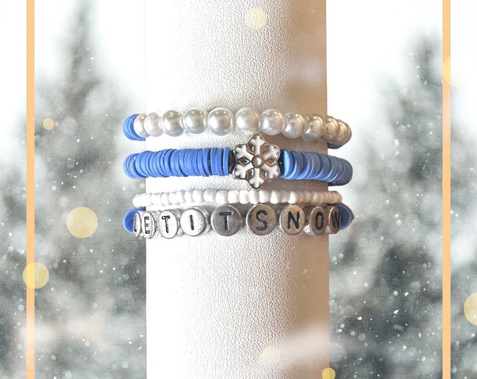 Let it Snow-  Snowflake and Pearls Blue Beaded Bracelets- Set of 3