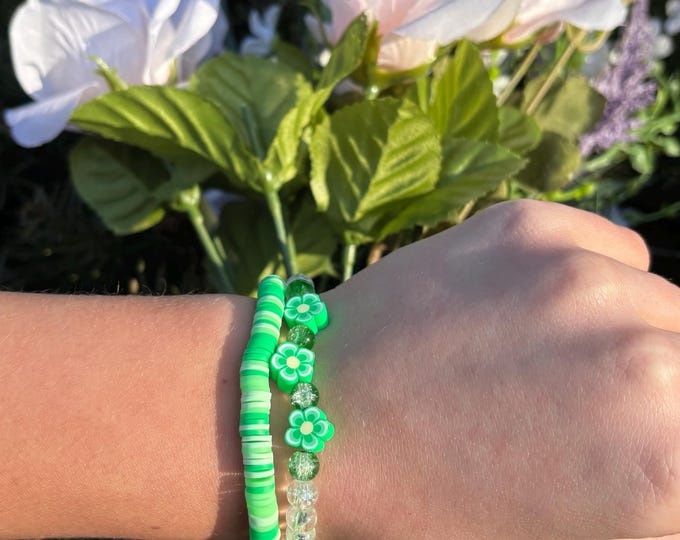 Spring Green Flower Bracelet Set- Set of 2
