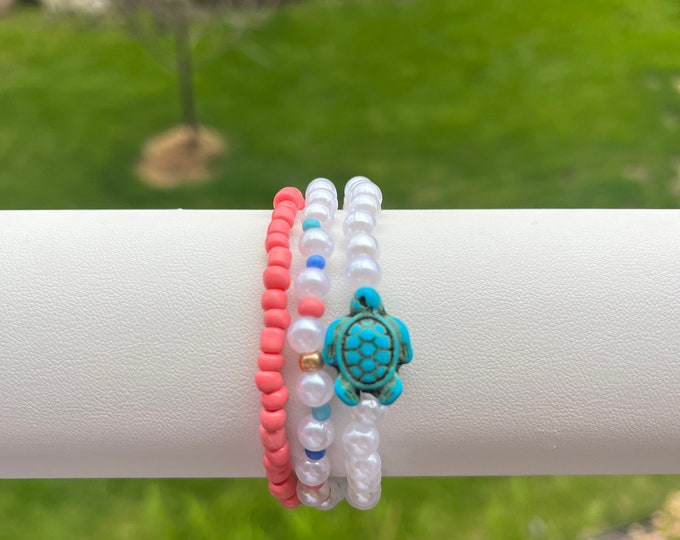Turtle Seaside Coral Bracelet Set- Set of 3