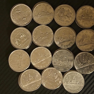 Könnte beinhalten: Eine Sammlung kanadischer Münzen, darunter Dollar-Münzen und andere Stückelungen. Die Münzen zeigen verschiedene Designs, darunter ein Kanu, ein Gebäude und ein Vogel. Die Münzen sind silberfarben und auf einer dunklen Oberfläche angeordnet.