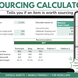 Reseller Sourcing Calculator - for Resellers - Calculate Profit and Margin - Google Sheets - For Poshmark Ebay Facebook Marketplace and more