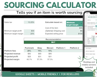 Reseller Sourcing Calculator - for Resellers - Calculate Profit and Margin - Google Sheets - For Poshmark Ebay Facebook Marketplace and more