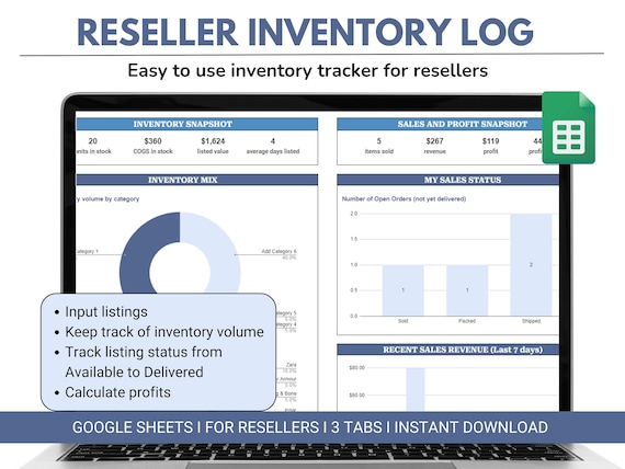 Reseller Inventory Log - Reseller Inventory Spreadsheet - Profit tracker - Google Sheets - Poshmark Ebay Mercari