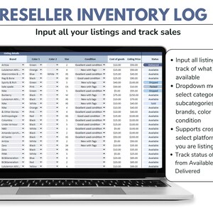 May include: A laptop screen showing a reseller inventory log, detailing listings with fields for brand, colour, size, and condition. The spreadsheet includes listing details and status updates, with the text "Input all your listings and track sales."