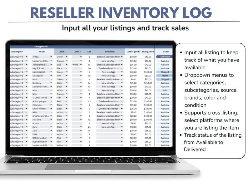 May include: A laptop screen showing a reseller inventory log, detailing listings with fields for brand, colour, size, and condition. The spreadsheet includes listing details and status updates, with the text "Input all your listings and track sales."