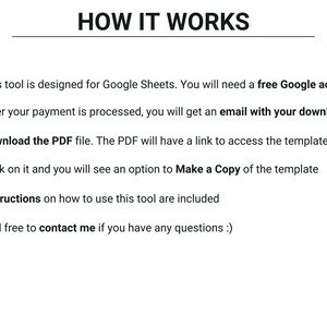 May include: A white graphic titled "HOW IT WORKS" with a list of instructions. The steps involve downloading a PDF, accessing a template, and making a copy. It also mentions a free Google account and contacting the seller for questions.