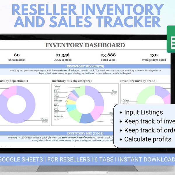 Reseller Inventory and Sales Tracker - Reseller Inventory Spreadsheet - For Google Sheets - Poshmark Ebay Mercari Depop Facebook Marketplace