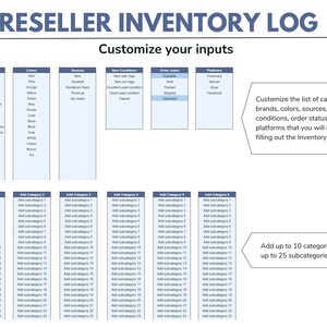May include: A reseller inventory log template, featuring sections for brands, colours, sources, item conditions, order status, and platforms. It allows customisation of inputs and adding up to 10 categories with 25 subcategories each. Text reads: "Customise your inputs."
