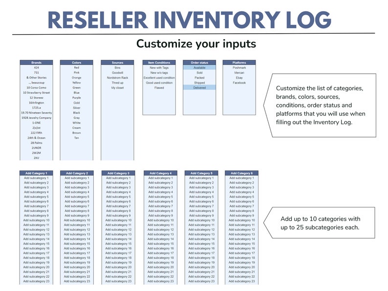 May include: A reseller inventory log template, featuring sections for brands, colours, sources, item conditions, order status, and platforms. It allows customisation of inputs and adding up to 10 categories with 25 subcategories each. Text reads: "Customise your inputs."