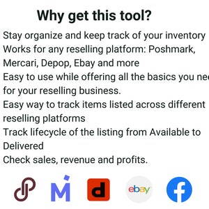May include: White background with text: "Why get this tool?" followed by bullet points describing features for reselling businesses. Includes logos for Poshmark, Mercari, Depop, Ebay, and Facebook.