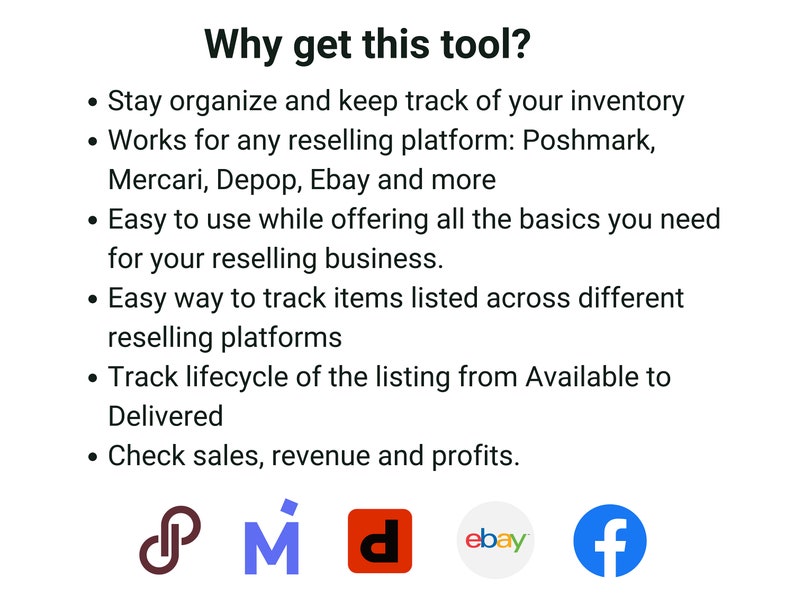 May include: White background with text: "Why get this tool?" followed by bullet points describing features for reselling businesses. Includes logos for Poshmark, Mercari, Depop, Ebay, and Facebook.