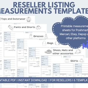Reseller Listing Template, Measurements Template, Poshmark Mercari Ebay Depop Categorized Product Listing Templates, Reseller Planner